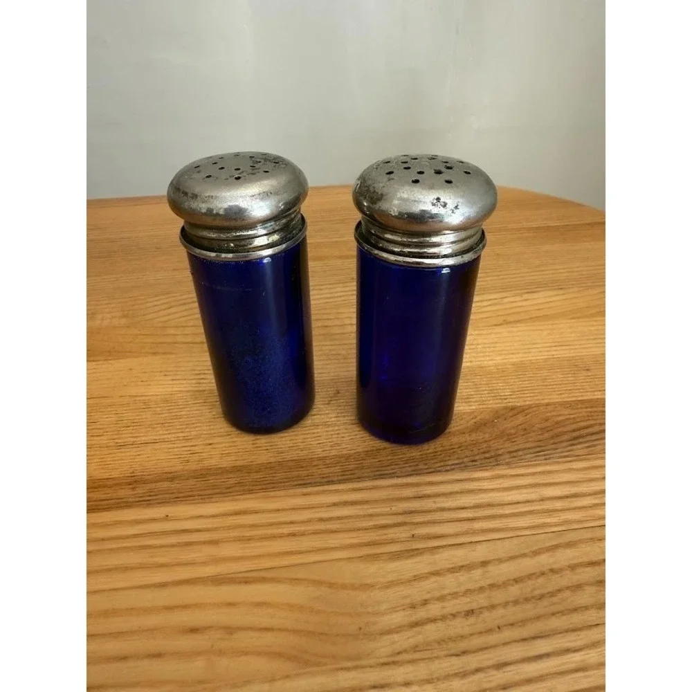 Vintage Cobalt Blue Salt & Pepper Shakers, Silver Plate Filigree Leonard,  Japan